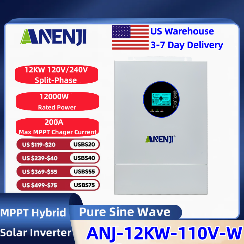 Drone Solar Charger - อินเวอร์เตอร์พลังงานแสงอาทิตย์แบบไฮบริด ANENJI ระบบแยกเฟส 120V/240V 12KW คลื่นไซน์บริสุทธิ์